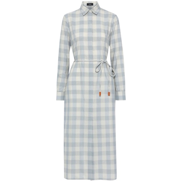 Theory Women’s Size S P Blue White Fuji Check Belted Midi Slit Side Shirtdress - Picture 5 of 15